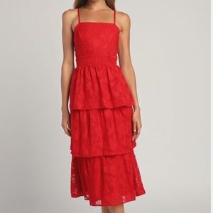 Lulus red Burnout Floral Print Tiered midi dress - XS